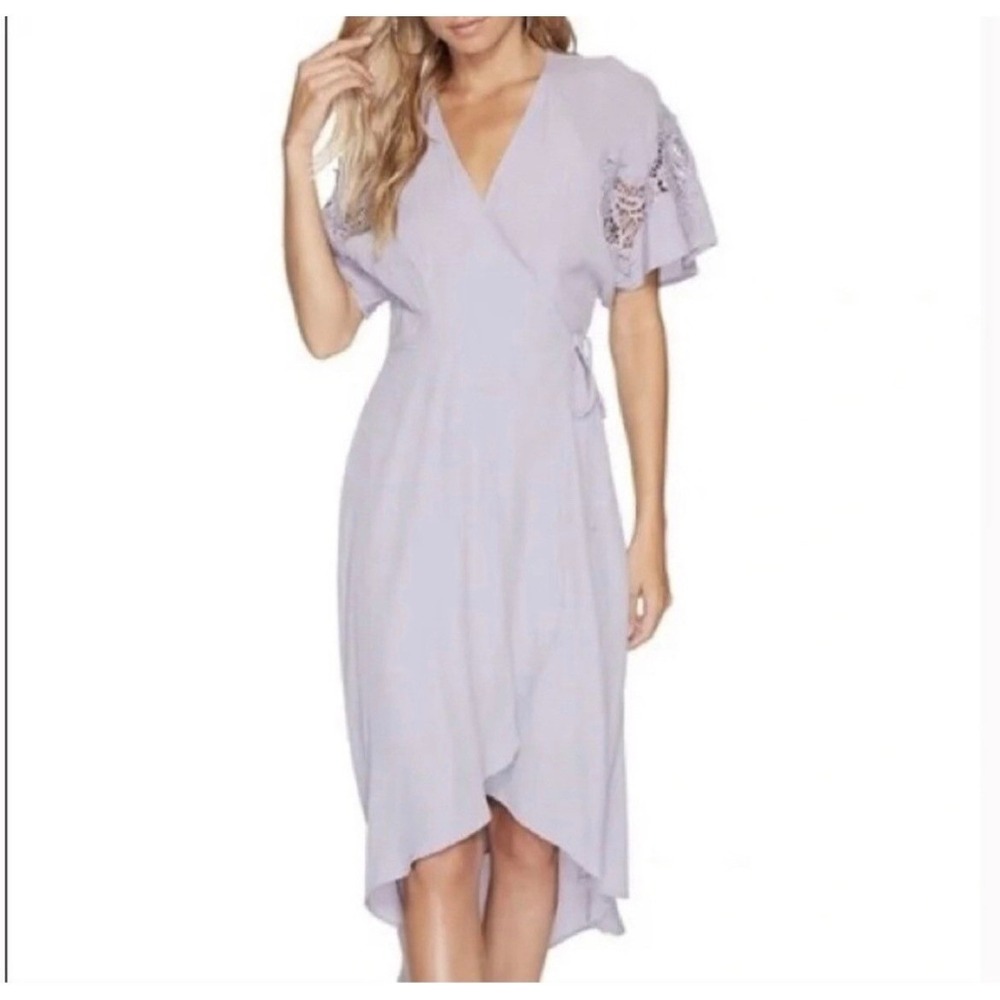 ASTR The Label Lavender Lace Crochet Wrap Midi Dress Flutter Sleeve Garden Mediu